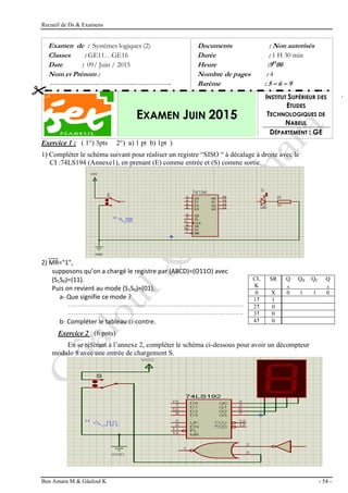 Recueil de Ds & Examens
Ben Amara M & Gâaloul K - 54 -
Examen de : Systèmes logiques (2)
Classes : GE11…GE16
Date : 09/ Juin / 2015
Nom et Prénom :
……………………… …………….………………..
Documents : Non autorisés
Durée : 1 H 30 min
Heure :9H
00
Nombre de pages : 4
Barème : 5 – 6 – 9
EXAMEN JUIN 2015
INSTITUT SUPÉRIEUR DES
ETUDES
TECHNOLOGIQUES DE
NABEUL
DÉPARTEMENT : GE
Exercice 1 : ( 1°) 3pts 2°) a) 1 pt b) 1pt )
1) Compléter le schéma suivant pour réaliser un registre “SISO “ à décalage à droite avec le
CI :74LS194 (Annexe1), en prenant (E) comme entrée et (S) comme sortie.
2) MR="1",
supposons qu’on a chargé le registre par (ABCD)=(O11O) avec
(S1S0)=(11).
Puis on revient au mode (S1S0)=(01),
a- Que signifie ce mode ?
………………………………………………………………………………
………………………………………………………………………………
b- Compléter le tableau ci-contre.
Exercice 2 : (6 pnts)
En se référant à l’annexe 2, compléter le schéma ci-dessous pour avoir un décompteur
modulo 8 avec une entrée de chargement S.
CL
K
SR Q
A
QB QC Q
A
0 X 0 1 1 0
1 1
2 0
3 0
4 0
 
 