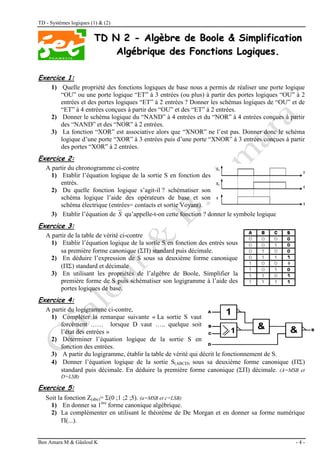 TD - Systèmes logiques (1) & (2)
Ben Amara M & Gâaloul K - 4 -
T
TD
D N
N 2
2 -
- A
Al
lg
gè
èb
br
re
e d
de
e B
Bo
oo
ol
le
e &
& S
Si
im
mp
pl
li
if
fi
ic
ca
at
ti
io
on
n
A
Al
lg
gé
éb
br
ri
iq
qu
ue
e d
de
es
s F
Fo
on
nc
ct
ti
io
on
ns
s L
Lo
og
gi
iq
qu
ue
es
s.
.
Exercice 1:
1) Quelle propriété des fonctions logiques de base nous a permis de réaliser une porte logique
“OU” ou une porte logique “ET” à 3 entrées (ou plus) à partir des portes logiques “OU” à 2
entrées et des portes logiques “ET” à 2 entrées ? Donner les schémas logiques de “OU” et de
“ET” à 4 entrées conçues à partir des “OU” et des “ET” à 2 entrées.
2) Donner le schéma logique du “NAND” à 4 entrées et du “NOR” à 4 entrées conçues à partir
des “NAND” et des “NOR” à 2 entrées.
3) La fonction “XOR” est associative alors que “XNOR” ne l’est pas. Donner donc le schéma
logique d’une porte “XOR” à 3 entrées puis d’une porte “XNOR” à 3 entrées conçues à partir
des portes “XOR” à 2 entrées.
Exercice 2:
A partir du chronogramme ci-contre
1) Etablir l’équation logique de la sortie S en fonction des
entrés.
2) Du quelle fonction logique s’agit-il ? schématiser son
schéma logique l’aide des opérateurs de base et son
schéma électrique (entrées= contacts et sortie Voyant).
3) Etablir l’équation de S qu’appelle-t-on cette fonction ? donner le symbole logique
Exercice 3:
A partir de la table de vérité ci-contre
1) Etablir l’équation logique de la sortie S en fonction des entrés sous
sa première forme canonique () standard puis décimale.
2) En déduire l’expression de S sous sa deuxième forme canonique
() standard et décimale
3) En utilisant les propriétés de l’algèbre de Boole, Simplifier la
première forme de S puis schématiser son logigramme à l’aide des
portes logiques de base.
Exercice 4:
A partir du logigramme ci-contre,
1) Compléter la remarque suivante « La sortie S vaut
forcément …… lorsque D vaut ….. quelque soit
l’état des entrées »
2) Déterminer l’équation logique de la sortie S en
fonction des entrées.
3) A partir du logigramme, établir la table de vérité qui décrit le fonctionnement de S.
4) Donner l’équation logique de la sortie S(ABCD) sous sa deuxième forme canonique ()
standard puis décimale. En déduire la première forme canonique () décimale. (A=MSB et
D=LSB)
Exercice 5:
Soit la fonction Z(abc)= (0 ;1 ;2 ;5). (a=MSB et c=LSB)
1) En donner sa 1ère
forme canonique algébrique.
2) La complémenter en utilisant le théorème de De Morgan et en donner sa forme numérique
(...).
 
