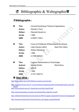 Bibliographie & Webographie
Ben Amara M & Gâaloul K - 65 -
 Bibliographie & Webographie
B
Bi
ib
bl
li
io
og
gr
ra
ap
ph
hi
ie
e :
:
 Titre : Circuits Numériques Théorie et Applications.
Auteur : Ronald J.Tocci.
Editeur : Reynald Goulet inc.
Année : 1996.
ISBN : 2-89377-108-4.
 Titre : Cours et Problèmes D’Électronique Numérique.
Auteur : Jean-Claude Laffont Jean-Paul Vabre.
Editeur : Edition Marketing.
Année : 1986.
ISBN : 2-7298-8650-8.
 Titre : Logique Combinatoire et Technologie.
Auteurs : Marcel Gindre Denis Roux.
Editeur : BELIN.
Année : 1984.
ISBN : 2-7011-0857-8.
 S
Si
it
te
es
s W
We
eb
b :
:
http://didier.villers.free.fr/STI-2D/tronc-commun-activites.htm
http://pageperso.lif.univ-mrs.fr/~severine.fratani/enseignement/lib/exe/fetch.php?media=archi:td4-
seq.pdf
http://users.polytech.unice.fr/~fmuller/doc/ens/Peip2-SujetTP.pdf
http://ensa-mecatronique.e-monsite.com/medias/files/compteurs-cor.pdf
http://sebastien.bernard.free.fr/cours-tp-td-exo/TD-E-Logique-sequentielle-Fonction-Comptage.pdf
http://ressource.electron.free.fr/cours/Exercice_de_logique_sequentielle.pdf
 