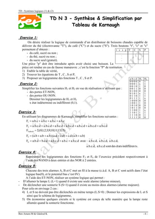 TD - Systèmes logiques (1) & (2)
Ben Amara M & Gâaloul K - 6 -
T
TD
D N
N 3
3 -
- S
Sy
yn
nt
th
hè
ès
se
e &
& S
Si
im
mp
pl
li
if
fi
ic
ca
at
ti
io
on
n p
pa
ar
r
T
Ta
ab
bl
le
ea
au
u d
de
e K
Ka
ar
rn
na
au
ug
gh
h
Exercice 1:
On désire réaliser la logique de commande d’un distributeur de boissons chaudes capable de
délivrer du thé (électrovanne "T"), du café ("C") et du sucre ("S"). Trois boutons "t", "c" et "s"
permettent d’obtenir :
- du café, sucré ou non ;
- du thé, sucré ou non ;
- du sucre seul (gratuit).
Une pièce "p" doit être introduite après avoir choisi une boisson. La
pièce est rendue en cas de fausse manœuvre ; c’est la fonction "P" de restitution.
1) Etablir la table de vérité,
2) Trouver les équations de T , C , S et P,
3) Proposer un logigramme des fonctions T , C , S et P.
Exercice 2:
Simplifier les fonctions suivantes H1 et H2 en vue de réalisation n’utilisant que :
- des portes ET-NON,
- des portes OU-NON.
Dessiner les logigrammes de H1 et H2
x état indéterminé ou indifférent (0,1).
Exercice 3:
En utilisant les diagrammes de Karnaugh, simplifier les fonctions suivantes :
.c
b
a.
c
.
b
a.
.c
b
.
a
c
a.b.
F1 



d
.
c
.
b
a.
.b.c.d
a
.d
c
a.b.
d
.
c
.
b
.
a
d
.c.
b
a.
.d
c
.b.
a
d
.c.
b
.
a
F2 






)
15
;
13
;
11
;
10
;
9
;
3
;
2
;
1
;
0
(
F3(abcd) 

a.b)
.b
a
.d.(
c
)
d
.
c
d
).(c.
b
a.
a.b
.b
a
(
F5 





ts.
indifféren
états
des
sont
a.b.c.d
,
d
.b.c.
a
.b.c.d,
a
.d,
c
.b.
a
.c.d,
b
.
a
:
avec
.c.d
b
a.
c
a.b.
d
.c.
b
a.
d
.
c
b.
d
a.b.
F6 




Exercice 4:
Représenter les logigrammes des fonctions F5 et F6 de l’exercice précédent respectivement à
l’aide des NAND à deux entrées et des NOR à 2 entrées.
Exercice 5:
Chacune des trois alarmes A, B et C met un fil à la masse (c.à.d. A, B et C sont actifs dans l’état
logique bas(0), et le potentiel bas c’est 0V)
A l’aide des ET-NON, réaliser un système logique qui permet :
- D’allumer la lampe L (L=1) quand il existe une seule alarme (alarme mineur),
- De déclencher une sonnerie S (S=1) quand il existe au moins deux alarmes (alarme majeure).
Pour cela on envisage 2 cas :
4) L et S ne doivent pas être déclenchés en même temps (L.S=0) ; Donner les expressions de L et S
ainsi que le schéma de logigramme,
5) On économise quelques circuits si le système est conçu de telle manière que la lampe reste
allumée quand la sonnerie fonctionne.
t c s p T C S P
.
.
.
a b c d H1 H2
0 0 0 0
0 0 0 1
0 0 1 0
0 0 1 1
0 1 0 0
0 1 0 1
0 1 1 0
0 1 1 1
1 0 0 0
1 0 0 1
1 0 1 0
1 0 1 1
1 1 0 0
1 1 0 1
1 1 1 0
1 1 1 1
0
x
1
0
0
x
1
1
0
1
0
0
1
1
0
0
1
1
0
0
0
1
1
x
0
0
0
0
x
1
1
0
 