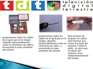 prepararemos todos los cables de al igual que en la imagen ,dejando aproximadamente como un centímetro de cable , y enroscando la maya alrededor del aislantePara terminar de preparar los cables solo tenemos que roscar el cuerpo del conector f sobre el cable , ya veras que la cabeza del conector rosca independientemente del cuerpoprepararemos todos los cables de al igual que en la imagen ,dejando aproximadamente como un centímetro de cable y enroscando la maya alrededor del aislante