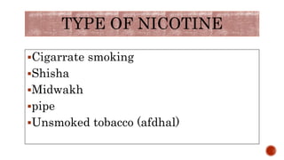 TYPE OF NICOTINE
Cigarrate smoking
Shisha
Midwakh
pipe
Unsmoked tobacco (afdhal)
 