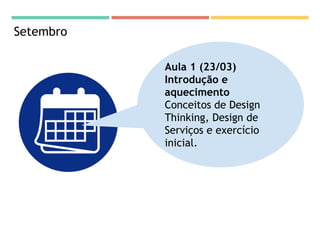 Setembro
Aula 1 (23/03)
Introdução e
aquecimento
Conceitos de Design
Thinking, Design de
Serviços e exercício
inicial.
 
