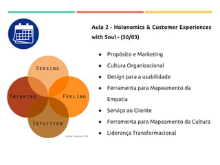 Aula 2 - Holonomics & Customer Experiences
with Soul - (30/03)
● Propósito e Marketing
● Cultura Organizacional
● Design para a usabilidade
● Ferramenta para Mapeamento da
Empatia
● Serviço ao Cliente
● Ferramenta para Mapeamento da Cultura
● Liderança Transformacional
 