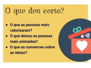 ● O que as pessoas mais
valorizaram?
● O que deixou as pessoas
mais animadas?
● O que as convenceu sobre
as ideias?
O que deu certo?
 