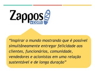 “Inspirar o mundo mostrando que é possível
simultâneamente entregar felicidade aos
clientes, funcionários, comunidade,
vendedores e acionistas em uma relação
sustentável e de longa duração”
 