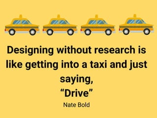 Designing without research is
like getting into a taxi and just
saying,
“Drive”
Nate Bold
 