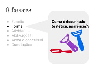 6 fatores
● Função
● Forma
● Atividades
● Motivações
● Modelo conceitual
● Conotações
Como é desenhado
(estética, aparência)?
 