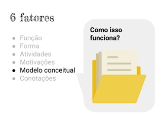 6 fatores
● Função
● Forma
● Atividades
● Motivações
● Modelo conceitual
● Conotações
Como isso
funciona?
 