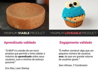 Aprendizado validado Engajamento validado
“O MVP é a versão de um novo
produto que permite o time coletar o
máximo de aprendizado sobre seus
usuários, com o mínimo de esforço
possível.”
Eric Ries, Lean Startup
“É melhor construir algo que um
pequeno número de usuários
ame, do que um grande volume
de usuários goste.”
Sam Altman, Y Combinator
 