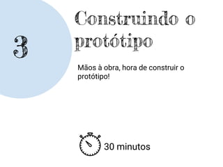 3
Construindo o
protótipo
Mãos à obra, hora de construir o
protótipo!
30 minutos
 
