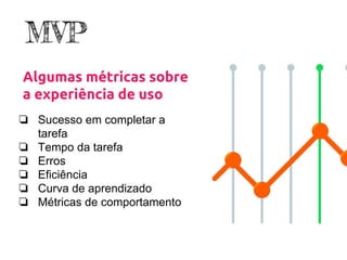 ❏ Sucesso em completar a
tarefa
❏ Tempo da tarefa
❏ Erros
❏ Eficiência
❏ Curva de aprendizado
❏ Métricas de comportamento
Algumas métricas sobre
a experiência de uso
MVP
 