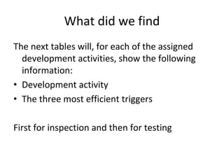What did we find 
The next tables will, for each of the assigned 
  development activities, show the following 
  information:
• Development activity
• The three most efficient triggers

First for inspection and then for testing
 