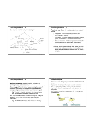 Goal categorization – 1                                              Goal categorization – 2
Goal categories are similar to requirements categories:              Functional goal: States the intent underpinning a system
                                                                     service
                                                                         •   Satisfaction: Functional goals concerned with
                                                                             satisfying agent request
                                                                         •   Information: Functional goals concerned with keeping
                                                                             agents informed about important system states
                                                                         •   Stimulus-response: Functional goals concerned with
                                                                             providing appropriate response to specific event


                                                                         Example: The on-board controller shall update the train’s
                                                                            acceleration to the commanded one immediately on
                                                                            receipt of an acceleration command from the station
                                                                            computer

                                                          TDT 4242                                                                        TDT 4242




Goal categorization – 3                                              Goal refinement
                                                                     A mechanism for structuring complex specifications at different levels of
Non-functional goal: States a quality or constraint on               concern.
service provision or development.                                    A goal can be refined in a set of sub-goals that jointly contribute to it.

Accuracy goal: Non-functional goals requiring the state of           Each sub-goal is refined into finer-grained goals until we reach a
                                                                     requirement on the software and expectation (assumption) on the
variables controlled by the software to reflect the state of
                                                                     environment.
corresponding quantities controlled by environment agent
                                                                     NB: Requirements on software are associated with a single agent and
    E.g: The train’s physical speed and commanded speed              they are testable
    may never differ by more than X miles per hour
Soft goals are different from non-functional goals. Soft goals
are goals with no clear-cut criteria to determine their
satisfaction.
    E.g: The ATM interface should be more user friendly



                                                          TDT 4242                                                                        TDT 4242
 