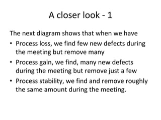 A closer look ‐ 1
The next diagram shows that when we have 
• Process loss, we find few new defects during 
  the meeting but remove many 
• Process gain, we find, many new defects 
  during the meeting but remove just a few
• Process stability, we find and remove roughly 
  the same amount during the meeting.
 