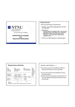 Requirements
                                                                                                                               There are three levels of requirements:
                                                                                                                               • Informal – e.g. Natural language (NL): free text,
                                                                                                                                 no rules apply
                         Institutt for datateknikk og
                         informasjonsvitenskap                                                                                 • Semiformal
                                                                                                                                 • Guided Natural Language (GNL): free text but
                               Inah Omoronyia and Tor Stålhane                                                                     allowable terms are defined by a vocabulare
                                                                                                                                 • Boilerplates (BP): structured text and an
                                                                                                                                   ontology – vocabulary plus relationships
                           Guided Natural Language                                                                                 between terms
                                     and
                                                                                                                               • Formal: e.g. state diagrams or predicate logic
                           Requirement Boilerplates


                                   TDT 4242                                                                         TDT 4242                                                  TDT 4242




    Requirements elicitation                                                                                                   Humans and machines – 1
Step 1:                         Step 2:                                 Step 3:                             Step 4:            Given the amount and complexity of RE, we 
Capture                         Transfer Requirements and               Refine the requirements model       Create a
Requirements in                 functions into a semi-formal            and derive detailed requirements    preliminary          need to automate as much as possible.
Natural Language                requirements model                                                          design model
                                                                                                            based on the
                                                                                                            requirement
                                                                                                            model (to be
                                                                                                                               Humans and machines have different strong 
Req.012: The system
shall enable cabin                  Function 1      Function 2           Function 1                         used and            and weak points.
temperature regulation                                                                                      refined in
between 15°C and 30°C
            …
                                     Req 001
                                     Req 002
                                                     Req 011
                                                     Req 028                Function 1a      Req 001.01
                                                                                                            SP3)               We want to elicit and analyze requirements in a 
                                     Req 012         Req 050
            …
Req.124: Cabin
                                       …               …                    Function 1b
                                                                                             Req 001.02
                                                                                             ….
                                                                                                                                way that allows both parties to build on their 
                                     Req 124           …
temperature shall not
exceed 35°                                                                  Function 1c                                         strong sides.

    Parallel Steps:
    Apply dictionary with common vocabulary; validate and check Requirements consistency and completeness
 