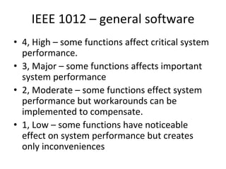 IEEE 1012 – general software
• 4, High – some functions affect critical system 
  performance.
• 3, Major – some functions affects important 
  system performance
• 2, Moderate – some functions effect system 
  performance but workarounds can be 
  implemented to compensate.
• 1, Low – some functions have noticeable 
  effect on system performance but creates 
  only inconveniences
 