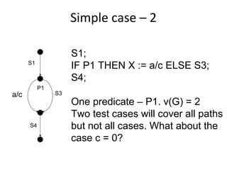 Simple case – 2  

                     S1;
      S1
                     IF P1 THEN X := a/c ELSE S3;
                     S4;
           P1
a/c             S3
                     One predicate – P1. v(G) = 2
                     Two test cases will cover all paths
      S4             but not all cases. What about the
                     case c = 0?
 
