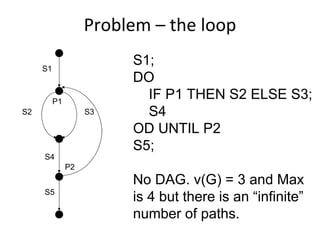 Problem – the loop

     S1
                         S1;
                         DO
          P1
                           IF P1 THEN S2 ELSE S3;
S2                  S3     S4
                         OD UNTIL P2
                         S5;
     S4
               P2
                         No DAG. v(G) = 3 and Max
     S5
                         is 4 but there is an “infinite”
                         number of paths.
 