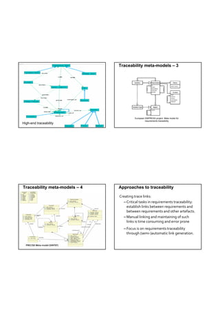 Traceability meta-models – 3




                                         European EMPRESS project: Meta model for
                                                  requirements traceability
High-end traceability
                 TDT 4242




Traceability meta-models – 4    Approaches to traceability

                                Creating trace links:
                                  – Critical tasks in requirements traceability: 
                                    establish links between requirements and 
                                    between requirements and other artefacts. 
                                  – Manual linking and maintaining of such 
                                    links is time consuming and error prone
                                  – Focus is on requirements traceability 
                                    through (semi‐)automatic link generation. 

  PRECISE Meta‐model (SINTEF)
 