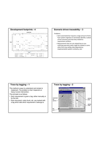 Development footprints - 4                             Scenario driven traceability – 3
                                                        Problems:
                                                           – Semi‐automated but requires a large amount of time 
                                                             from system engineers to iteratively identify a subset 
                                                             of test scenarios and how they related to 
                                                             requirement artifacts.
                                                           – Requirements that are not related due to non 
                                                             matching execution paths might be related in some 
                                                             other form (e.g calling, data dependency, 
                                                             implementation pattern similarity, etc).




 Trace by tagging – 1                                   Trace by tagging – 2
This method is easy to understand and simple to
  implement. The problem is that it depends on
  heavy human intervention.
The principle is as follows:
• Each requirement is given a tag, either manually or
  by the tool.
• Each document, code chunk, etc. are marked with
  a tag which tells which requirement it belongs to
 