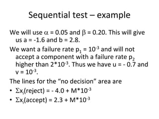 Sequential test – example 
We will use  = 0.05 and  = 0.20. This will give 
  us a = ‐1.6 and b = 2.8.
We want a failure rate p1 = 10‐3 and will not 
  accept a component with a failure rate p2
  higher than 2*10‐3. Thus we have u = ‐ 0.7 and 
  v = 10‐3.
The lines for the “no decision” area are
• xi(reject) = ‐ 4.0 + M*10‐3
• xi(accept) = 2.3 + M*10‐3
 
