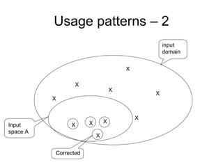 Usage patterns – 2
                                                  input
                                                  domain


                                      X

                 X
                                  X
                                              X
          X


                                          X
                      X       X
Input          X
space A
                          X


          Corrected
 