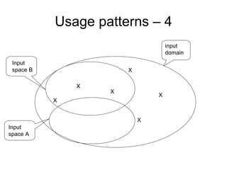 Usage patterns – 4
                                   input
                                   domain
 Input
 space B               X

               X
                   X
                               X
           X


                           X
Input
space A
 