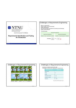 Challenges in Requirements Engineering
                                                                    What is a requirement?
                                                                    •What a system must do (functional):
                                                                    System requirements
                                                                    •How well the system will perform its functions (non-functional):
     Institutt for datateknikk og                                   System quality attributes
     informasjonsvitenskap                                           The RE process:
           Inah Omoronyia and Tor Stålhane


Requirements Specification and Testing
          An introduction                                                                            defined      satisfy
                                                                                     Ultimately:   operational
                                                                                                                              business
                                                                                                                               needs
                                                                                                   capabilities




               TDT 4242                                 TDT 4242                                                                                           TDT 4242




Challenges in Requirements Engineering                              Challenges in Requirements Engineering
                                                                        Importance of getting requirements right:
                                                                        1/3 budget to correct errors originate from requirements




                                                                                                            Source: Benoy R Nair (IBS software services)




                                             TDT 4242                                                                                                      TDT 4242
 