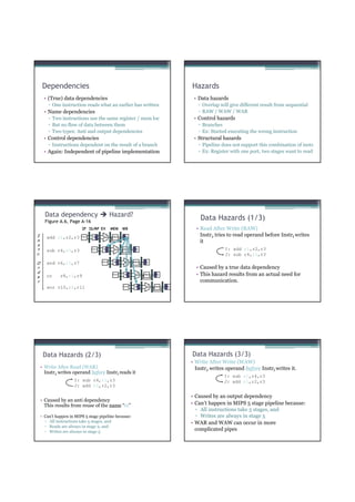 Dependencies                                                                                  Hazards
      • (True) data dependencies                                                                     • Data hazards
         ▫ One instruction reads what an earlier has written                                           ▫ Overlap will give different result from sequential
      • Name dependencies                                                                              ▫ RAW / WAW / WAR
         ▫ Two instructions use the same register / mem loc                                          • Control hazards
         ▫ But no flow of data between them                                                            ▫ Branches
         ▫ Two types: Anti and output dependencies                                                     ▫ Ex: Started executing the wrong instruction
      • Control dependencies                                                                         • Structural hazards
         ▫ Instructions dependent on the result of a branch                                            ▫ Pipeline does not support this combination of instr.
      • Again: Independent of pipeline implementation                                                  ▫ Ex: Register with one port, two stages want to read




       Data dependency                               Hazard?
       Figure A.6, Page A-16
                                                                                                        Data Hazards (1/3)
                                                                                                      • Read After Write (RAW)
I                                                                                                       InstrJ tries to read operand before InstrI writes
                                               ALU




                                                              Reg
        add r1,r2,r3      Ifetch    Reg              DMem

n                                                                                                       it
s
                                                        ALU




t       sub r4,r1,r3               Ifetch    Reg              DMem     Reg                                         I: add r1,r2,r3
r.                                                                                                                 J: sub r4,r1,r3
                                                                ALU




                                            Ifetch    Reg              DMem    Reg
O       and r6,r1,r7
r                                                                                                     • Caused by a true data dependency
d
                                                                                                      • This hazard results from an actual need for
                                                                         ALU




                                                     Ifetch    Reg             DMem    Reg
e       or     r8,r1,r9
r                                                                                                       communication.
                                                                                 ALU




                                                              Ifetch    Reg            DMem   Reg
        xor r10,r1,r11




      Data Hazards (2/3)                                                                            Data Hazards (3/3)
                                                                                                    • Write After Write (WAW)
     • Write After Read (WAR)                                                                         InstrJ writes operand before InstrI writes it.
       InstrJ writes operand before InstrI reads it
                                                                                                                   I: sub r1,r4,r3
                      I: sub r4,r1,r3                                                                              J: add r1,r2,r3
                      J: add r1,r2,r3

                                                                                                    • Caused by an output dependency
     • Caused by an anti dependency
       This results from reuse of the name “r1”                                                     • Can’t happen in MIPS 5 stage pipeline because:
                                                                                                      ▫ All instructions take 5 stages, and
     • Can’t happen in MIPS 5 stage pipeline because:                                                 ▫ Writes are always in stage 5
       ▫ All instructions take 5 stages, and                                                        • WAR and WAW can occur in more
       ▫ Reads are always in stage 2, and
       ▫ Writes are always in stage 5
                                                                                                      complicated pipes
 