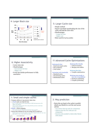 4: Larger Block size
                                                                                                                                5: Larger Cache size
                                25%
                                                                                         Conflict
                                                                                         misses              1K
                                                                                                                                 • Simple method
                                20%                  Compulsory
                                                       misses                                                4K
                                                                                                                                 • Square-root Rule (quadrupling the size of the
                        Miss
                                15%
                                                                                                                    Capacity
                                                                                                                                   cache will half the miss rate)
                                                                                                             16K
                        Rate
                                10%
                                                                                                                     misses      • Disadvantages
                                                                                                             64K
                                                                                                                                    ▫ Longer hit time
                                    5%                                                                       256K                   ▫ Higher cost
                                    0%                                                               Trade-off                   • Most used for L2/L3 caches
                                         16


                                                       32


                                                                      64


                                                                                 128


                                                                                              256




                                                                                                     32 and 64 byte common

                                                   Block Size (bytes)




                                                                                                                               11 Advanced Cache Optimizations
                        6: Higher Associativity
                                                                                                                               Reducing hit time            Reducing Miss Penalty
                          • Lower miss rate                                                                                                                 7. Critical word first
                                                                                                                               1. Small and simple caches
                          • Disadvantages                                                                                      2.Way prediction             8. Merging write buffers
                               ▫ Can increase hit time                                                                         3.Trace caches
                               ▫ Higher cost                                                                                                                Reducing Miss Rate
                          • 8-way has similar performance to fully                                                             Increasing cache bandwidth   9. Compiler optimizations
                            associative                                                                                        4.Pipelined caches
                                                                                                                               5.Non-blocking caches        Reducing miss penalty or
                                                                                                                               6.Multibanked caches             miss rate via parallelism
                                                                                                                                                            10.Hardware prefetching
                                                                                                                                                            11. Compiler prefetching




                   1: Small and simple caches
      • Compare address to tag memory takes time                                                                               2: Way prediction
      • ⇒ Small cache can help hit time
                        ▫ E.g., L1 caches same size for 3 generations of AMD microprocessors: K6,                               • Extra bits are kept in the cache to predict
                          Athlon, and Opteron
                        ▫ Also L2 cache small enough to fit on chip with the processor avoids time
                                                                                                                                  which way (block) in a set the next access
                          penalty of going off chip                                                                               will hit
      • Simple ⇒ direct mapping                                                                                                   ▫ Can retrieve the tag early for comparison
                        ▫ Can overlap tag check with data transmission since no choice
                                                                                                                                  ▫ Achieves fast hit even with just one
      • Access time estimate for 90 nm using CACTI model 4.0
                        ▫ Median ratios of access time relative to the direct-mapped caches are 1.32, 1.39,
                                                                                                                                    comparator
                          and 1.43 for 2-way, 4-way, and 8-way caches                                                             ▫ Several cycles needed to check other blocks
                   2.50
                                                                                                                                    with misses
Access time (ns)




                   2.00                    1-way   2-way   4-way   8-way

                   1.50
                   1.00
                   0.50
                    -
                            16 KB        32 KB         64 KB         128 KB     256 KB      512 KB    1 MB
                                                                   Cache size
 