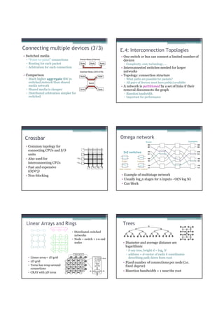 Connecting multiple devices (3/3)                                                      E.4: Interconnection Topologies
• Switched media                                                                        • One switch or bus can connect a limited number of
 ▫ “Point-to-point” connections                 Shared Media (Ethernet)
                                                                                          devices
 ▫ Routing for each packet                      Node          Node            Node          ▫ Complexity, cost, technology, …
 ▫ Arbitration for each connection                                                      • Interconnected switches needed for larger
                                                Switched Media (CM-5,ATM)                 networks
• Comparison                                    Node                     Node           • Topology: connection structure
 ▫ Much higher aggregate BW in                                                              ▫ What paths are possible for packets?
   switched network than shared                           Switch                            ▫ All pairs of devices must have path(s) available
   media network                                                                        • A network is partitioned by a set of links if their
 ▫ Shared media is cheaper                      Node                     Node
                                                                                          removal disconnects the graph
 ▫ Distributed arbitration simpler for                                                      ▫ Bisection bandwidth
   switched                                                                                 ▫ Important for performance




 Crossbar                                                                              Omega network
                                                                                                                     Source                      Destination
                                                                                                                          000                                000
 • Common topology for                                                                                                    001                                001
                                                      P
   connecting CPUs and I/O                                                                                                      0
                                                                                           2x2 switches                   010                                010

   units                                              P                                                                   011   1                        1   011


 • Also used for                          I/O         C                                                                   100
                                                                                                                          101
                                                                                                                                                             100
                                                                                                                                                             101
                                                                                         Straight        Crossover                       1               1
   interconnecting CPUs                   I/O         C
                                                                                                                                         0
                                                                                                                          110                                110
 • Fast and expensive                                     M     M        M     M
                                                                                      Upper broadcast   Lower broadcast
                                                                                                                          111                                111

   (O(N2))
 • Non-blocking                                                                         • Example of multistage network
                                                                                        • Usually log2n stages for n inputs - O(N log N)
                                                                                        • Can block




 Linear Arrays and Rings                                                                  Trees
                                     • Distributed switched
                                       networks
                                     • Node = switch + 1-n end
                                       nodes                                               • Diameter and average distance are
                                                                                             logarithmic
                                                                                               ▫ k-ary tree, height d = logk N
                                       External I/O                                            ▫ address = d-vector of radix k coordinates
  • Linear array= 1D grid                                            P          Mem              describing path down from root
                                                                     $
  • 2D grid                                                           Mem                  • Fixed number of connections per node (i.e.
  • Torus has wrap-around                                             ctrl
                                                                     and NI
                                                                                             fixed degree)
    connections
  • CRAY with 3D torus
                                                                     Switch                • Bisection bandwidth = 1 near the root
 