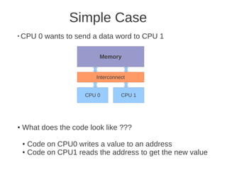 Simple Case
●
    CPU 0 wants to send a data word to CPU 1

                          Memory


                         Interconnect


                      CPU 0        CPU 1




●   What does the code look like ???

    ● Code on CPU0 writes a value to an address
    ● Code on CPU1 reads the address to get the new value
 
