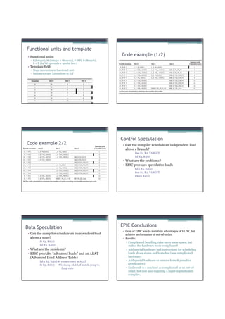Functional units and template
 • Functional units:
                                                               Code example (1/2)
   ▫ I (Integer), M (Integer + Memory), F (FP), B (Branch),
     L + X (64 bit operands + special inst.)
 • Template field:
   ▫ Maps instruction to functional unit
   ▫ Indicates stops: Limitations to ILP




                                                               Control Speculation
Code example 2/2                                                • Can the compiler schedule an independent load
                                                                  above a branch?
                                                                         Bne R1, R2, TARGET
                                                                         Ld R3, R4(0)
                                                                • What are the problems?
                                                                • EPIC provides speculative loads
                                                                         Ld.s R3, R4(0)
                                                                         Bne R1, R2, TARGET
                                                                         Check R4(0)




Data Speculation                                               EPIC Conclusions
                                                                • Goal of EPIC was to maintain advantages of VLIW, but
 • Can the compiler schedule an independent load                  achieve performance of out-of-order.
   above a store?                                               • Results:
          St R5, R6(0)                                            ▫ Complicated bundling rules saves some space, but
          Ld R3, R4(0)                                              makes the hardware more complicated
 • What are the problems?                                         ▫ Add special hardware and instructions for scheduling
 • EPIC provides “advanced loads” and an ALAT                       loads above stores and branches (new complicated
   (Advanced Load Address Table)                                    hardware)
          Ld.a R3, R4(0)    creates entry in ALAT                 ▫ Add special hardware to remove branch penalties
          St R5, R6(0)      looks up ALAT, if match, jump to        (predication)
                             fixup code                           ▫ End result is a machine as complicated as an out-of-
                                                                    order, but now also requiring a super-sophisticated
                                                                    compiler.
 