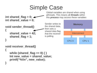 Simple Case
                            Global variables are shared when using
                            pthreads. This means all threads within
int shared_flag = 0;        this process may access these variables
int shared_value = 0;
                           Sender writes to           Memory
void sender_thread()       the shared data,
                           then sets a
{                          shared data flag
   shared_value = 42;      that the receiver         Interconnect
   shared_flag = 1;        is polling
}                                               CPU 0          CPU 1

void receiver_thread()
{
   while (shared_flag == 0) { }
   Int new_value = shared_value;
   printf(“%in”, new_value);
}
 