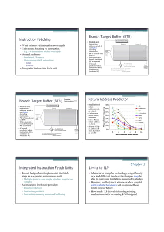 Branch Target Buffer (BTB)
 Instruction fetching
                                                                       • Predicts next
                                                                         instruction
  • Want to issue >1 instruction every cycle                             address, sends it
                                                                         out before
  • This means fetching >1 instruction                                   decoding
     ▫ E.g. 4-8 instructions fetched every cycle                         instruction
                                                                       • PC of branch sent
  • Several problems                                                     to BTB
     ▫ Bandwidth / Latency                                             • When match is
     ▫ Determining which instructions                                    found, Predicted
                                                                         PC is returned
         Jumps                                                         • If branch
         Branches                                                        predicted taken,
  • Integrated instruction fetch unit                                    instruction fetch
                                                                         continues at
                                                                         Predicted PC




 Branch Target Buffer (BTB)
                                                   Possible
                                                   Optimizations????
                                                                         Return Address Predictor
                                                                       • Small buffer of                               70%
                                                                                                                                                                 go
• Predicts next                                                          return
                                                                                             Misprediction frequency


  instruction                                                            addresses acts                                60%                                       m88ksim
  address, sends it                                                      as a stack                                                                              cc1
  out before                                                                                                           50%
                                                                       • Caches most                                                                             compress
  decoding
  instruction                                                            recent return                                 40%                                       xlisp
• PC of branch sent                                                      addresses                                                                               ijpeg
                                                                                                                       30%
  to BTB                                                               • Call ⇒ Push a                                                                           perl
• When match is                                                          return address                                20%                                       vortex
  found, Predicted                                                       on stack
  PC is returned                                                                                                       10%
                                                                       • Return ⇒ Pop
• If branch                                                              an address off                                0%
  predicted taken,                                                       stack & predict
  instruction fetch                                                                                                          0     1      2       4      8         16
                                                                         as new PC
  continues at                                                                                                                   Return address buffer entries
  Predicted PC




                                                                                                                                                      Chapter 3
 Integrated Instruction Fetch Units                                      Limits to ILP
  • Recent designs have implemented the fetch                             • Advances in compiler technology + significantly
    stage as a separate, autonomous unit                                    new and different hardware techniques may be
    ▫ Multiple-issue in one simple pipeline stage is too                    able to overcome limitations assumed in studies
      complex                                                             • However, unlikely such advances when coupled
  • An integrated fetch unit provides:                                      with realistic hardware will overcome these
    ▫ Branch prediction                                                     limits in near future
    ▫ Instruction prefetch                                                • How much ILP is available using existing
    ▫ Instruction memory access and buffering                               mechanisms with increasing HW budgets?
 