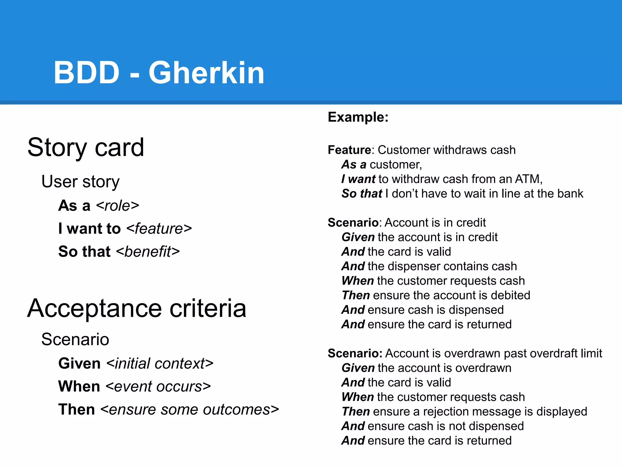 BDD - Gherkin
Story card
Acceptance criteria
User story
As a <role>
I want to <feature>
So that <benefit>
Scenario
Given <initial context>
When <event occurs>
Then <ensure some outcomes>
Example:
Feature: Customer withdraws cash
As a customer,
I want to withdraw cash from an ATM,
So that I don’t have to wait in line at the bank
Scenario: Account is in credit
Given the account is in credit
And the card is valid
And the dispenser contains cash
When the customer requests cash
Then ensure the account is debited
And ensure cash is dispensed
And ensure the card is returned
Scenario: Account is overdrawn past overdraft limit
Given the account is overdrawn
And the card is valid
When the customer requests cash
Then ensure a rejection message is displayed
And ensure cash is not dispensed
And ensure the card is returned
 