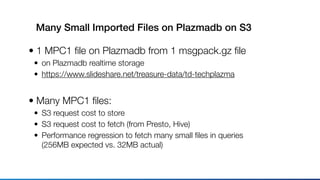 Many Small Imported Files on Plazmadb on S3
• 1 MPC1 ﬁle on Plazmadb from 1 msgpack.gz ﬁle
• on Plazmadb realtime storage
• https://www.slideshare.net/treasure-data/td-techplazma
• Many MPC1 ﬁles:
• S3 request cost to store
• S3 request cost to fetch (from Presto, Hive)
• Performance regression to fetch many small ﬁles in queries 
(256MB expected vs. 32MB actual)
 