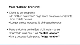 Make "Latency" Shorter (1)
• Clients to our endpoints
• JS SDK on customers' page sends data to our endpoints 
from mobile devices
• Longer latency increases % of dropped records
• Many endpoints on the Earth: US, Asia + others
• Plazmadb in us-east-1 as "central location"
• Many geographically-parted "edge location"
 