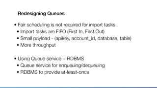 Redesigning Queues
• Fair scheduling is not required for import tasks
• Import tasks are FIFO (First In, First Out)
• Small payload - (apikey, account_id, database, table)
• More throughput
• Using Queue service + RDBMS
• Queue service for enqueuing/dequeuing
• RDBMS to provide at-least-once
 