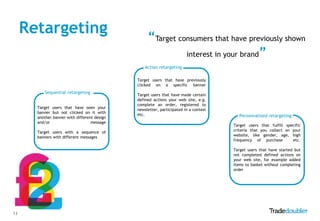 Retargeting                                   “Target consumers that have previously shown
                                                             interest in your brand”
                                                  Action retargeting

                                              Target users that have previously
                                              clicked on a specific banner
          Sequential retargeting
                                              Target users that have made certain
                                              defined actions your web site, e.g.
                                              complete an order, registered to
       Target users that have seen your
                                              newsletter, participated in a contest
       banner but not clicked on it with
                                              etc.                                      Personnalized retargeting
       another banner with different design
       and/or                      message
                                                                                      Target users that fulfill specific
       Target users with a sequence of                                                criteria that you collect on your
       banners with different messages                                                website, like gender, age, high
                                                                                      frequency of purchase        etc.

                                                                                      Target users that have started but
                                                                                      not completed defined actions on
                                                                                      your web site, for example added
                                                                                      items to basket without completing
                                                                                      order




13
 