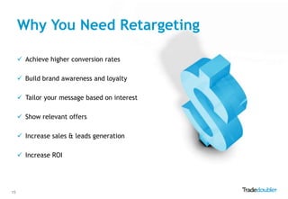 Why You Need Retargeting

      Achieve higher conversion rates

      Build brand awareness and loyalty

      Tailor your message based on interest

      Show relevant offers

      Increase sales & leads generation

      Increase ROI




15
 