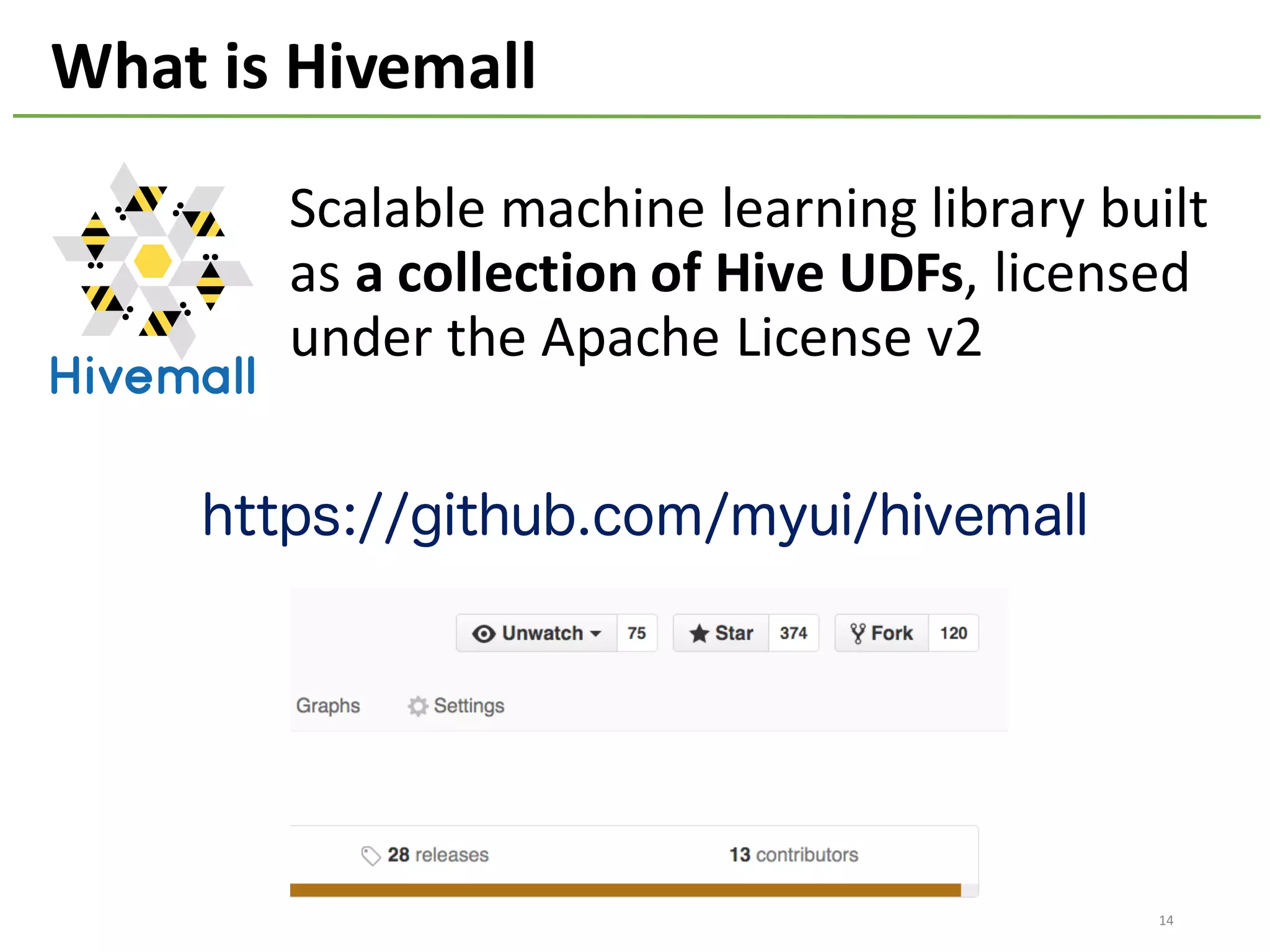 What	is	Hivemall
Scalable	machine	learning	library	built	
as	a	collection	of	Hive	UDFs,	licensed	
under	the	Apache	License	v2
14
https://github.com/myui/hivemall
 
