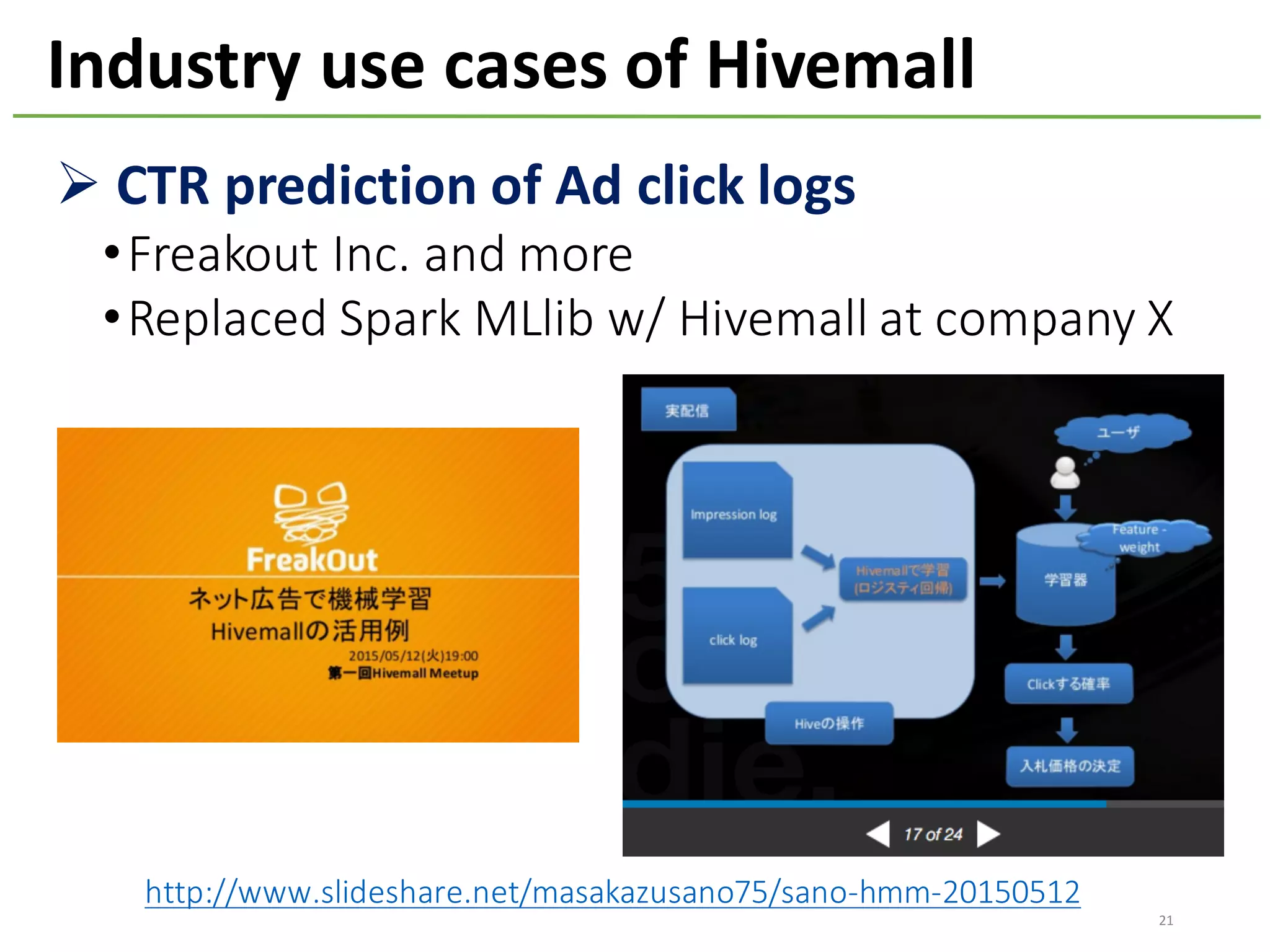 Ø CTR	prediction	of	Ad	click	logs
•Freakout Inc.	and	more
•Replaced	Spark	MLlib	w/	Hivemall	at	company	X
Industry	use	cases	of	Hivemall
21
http://www.slideshare.net/masakazusano75/sano-hmm-20150512
 