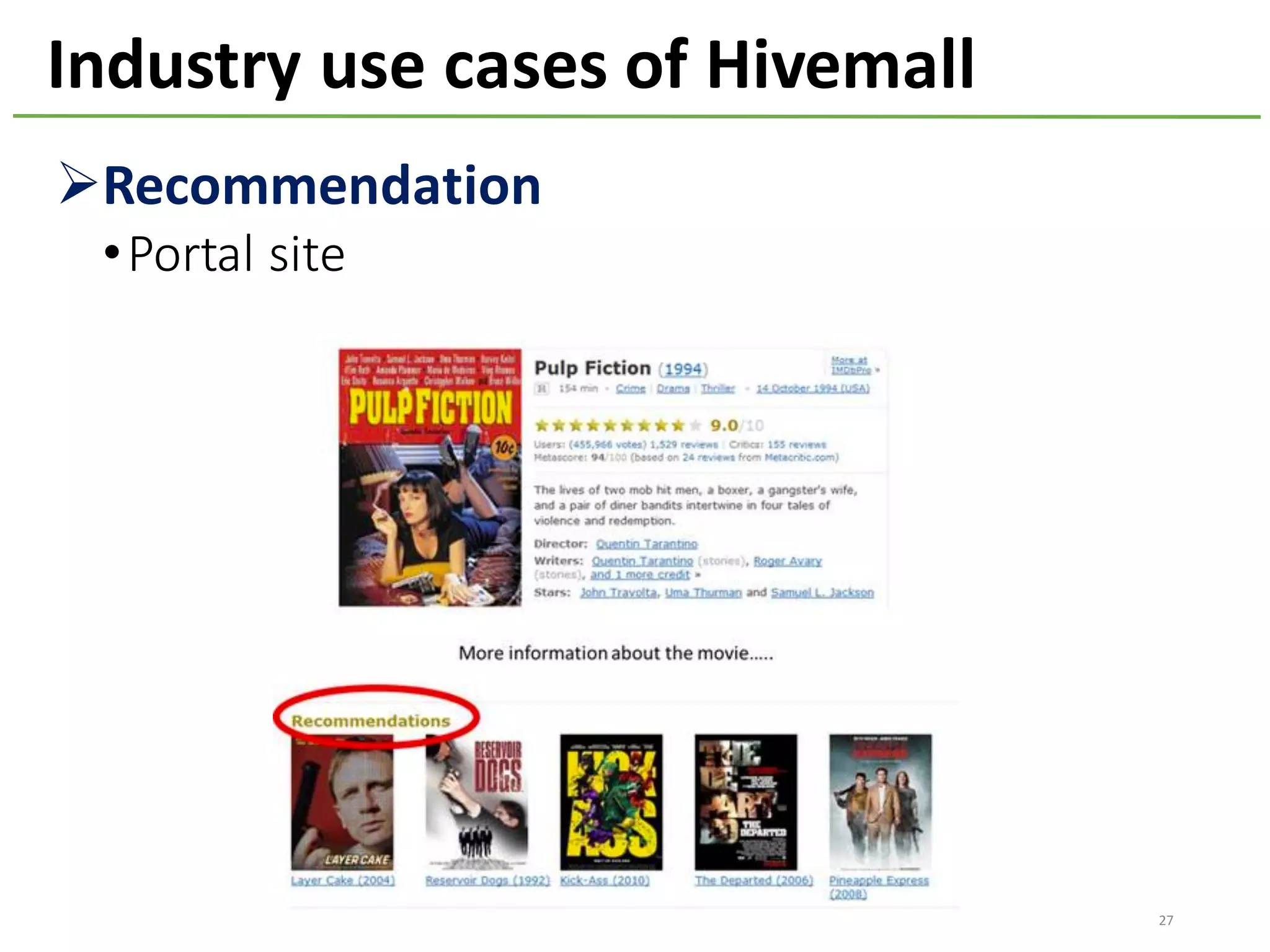 27
ØRecommendation
•Portal	site
Industry	use	cases	of	Hivemall
 