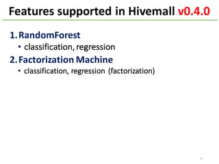 Features supported	in	Hivemall	v0.4.0
18
1.RandomForest
• classification,	regression
2.Factorization	Machine
• classification,	regression	(factorization)
 