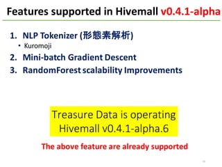 Features supported	in	Hivemall	v0.4.1-alpha
19
1. NLP	Tokenizer (形態素解析)
• Kuromoji
2. Mini-batch	Gradient	Descent
3. RandomForest scalability	Improvements
Treasure	Data	is	operating
Hivemall	v0.4.1-alpha.6
The	above	feature	are	already	supported
 
