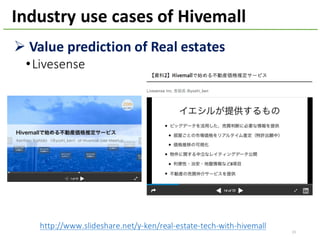 23
Industry	use	cases	of	Hivemall
Ø Value	prediction	of	Real	estates
•Livesense
http://www.slideshare.net/y-ken/real-estate-tech-with-hivemall
 