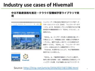 24Source:	http://itnp.net/article/2016/02/18/2286.html
Industry	use	cases	of	Hivemall
 