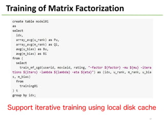 37
Training	of	Matrix	Factorization
Support iterative training using local disk cache
 
